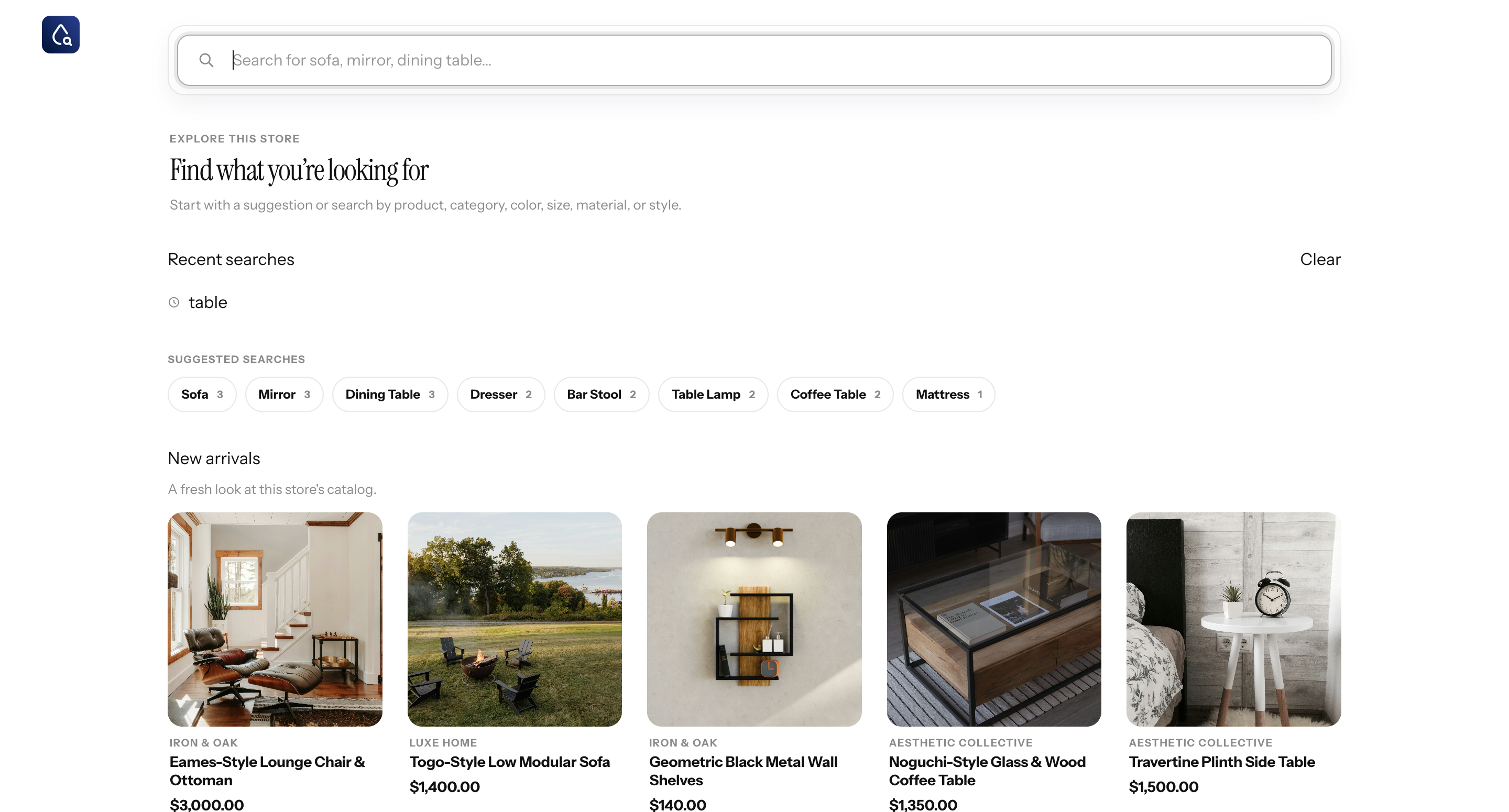 ParticleSearch search modal before typing with suggested searches and newest products